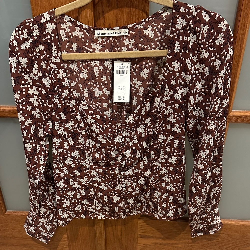 Abercrombie & Fitch Brown Floral Square Neck Puff Sleeve Blouse - Picture 3 of 10